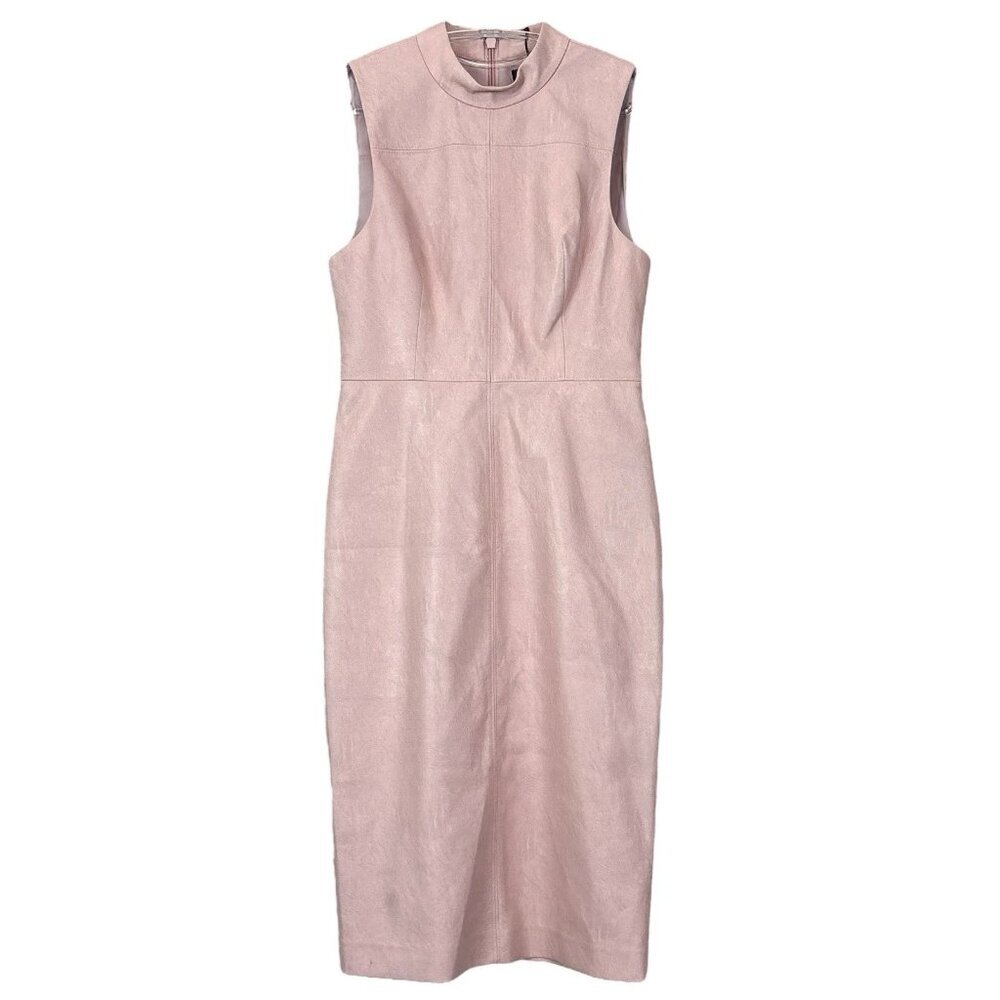 New BCBG MaxAzria $248 Faux Leather High Neck Midi Dress Pale Bare Pink Size 2